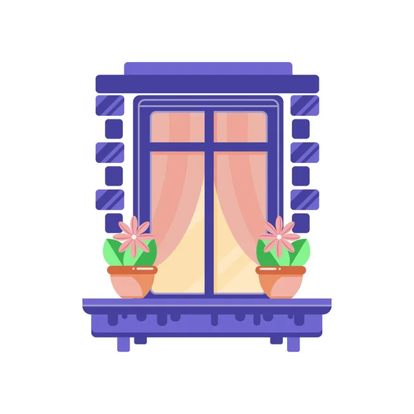Moldura de janela azul retrô com plantas em vasos cerâmicos, vetor de elemento de design arquitetônico Ilustração sobre um fundo branco — Vetor de Stock