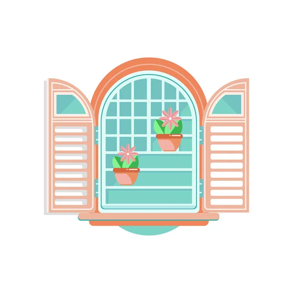 Retro fönster med fönsterluckor och blomkrukor, arkitektonisk design element vektor Illustration på vit bakgrund — Stock vektor