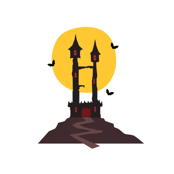 Castillo de Halloween con murciélagos y vector de luna llena Ilustración sobre fondo blanco — Archivo Imágenes Vectoriales