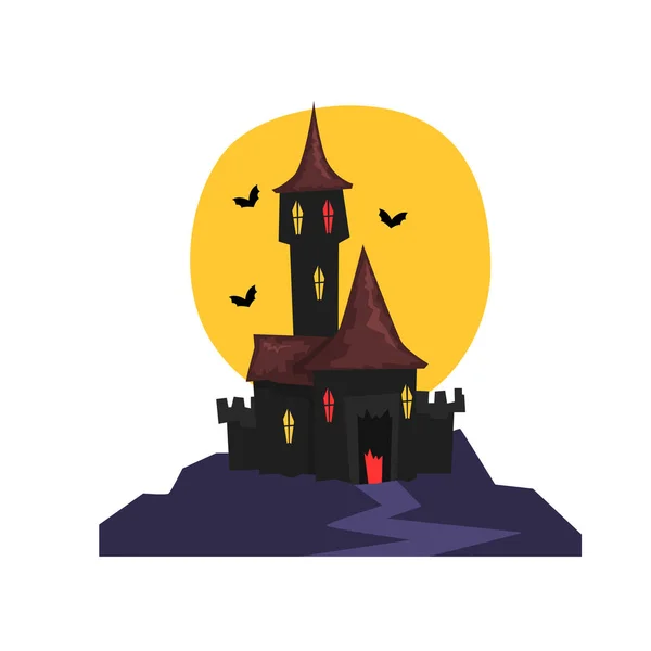 Oud kasteel van Halloween met vleermuizen en volle maan vector illustratie op een witte achtergrond — Stockvector