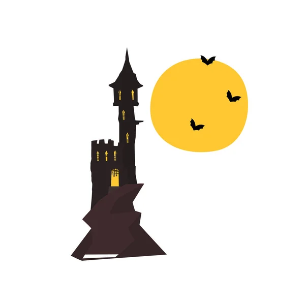 Torre del castillo de Halloween con murciélagos y vector de luna llena Ilustración sobre fondo blanco — Vector de stock