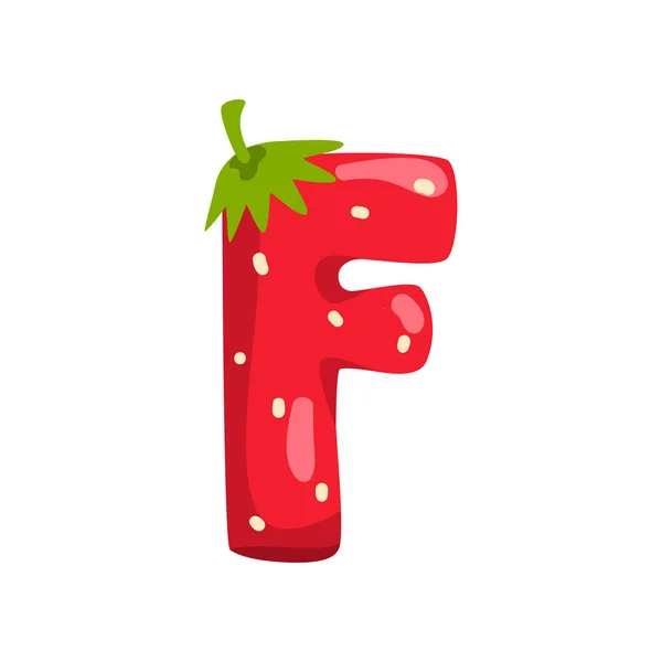 Letter F van Engelse alfabet gemaakt van rijpe verse srawberry, helder rode bessen lettertype vector illustratie op een witte achtergrond — Stockvector