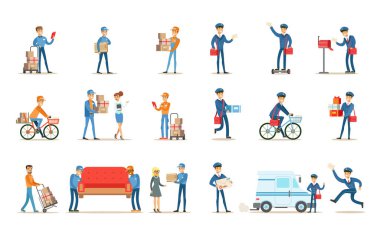 Teslimat Servis seti, paketleri, harfler, mobilya istemcilere teslim kuryeler illüstrasyonlar beyaz bir arka plan üzerinde vektör