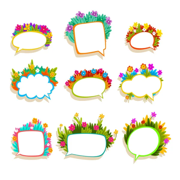 Colorful speech bubbles with flowers, empty dialog clouds decorated with summer plants set vector Illustrations on a white background — Stock Vector