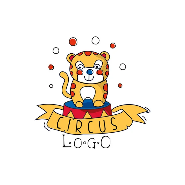 Logo del circo, emblema con tigre divertido para parque de atracciones, festival, fiesta, plantilla creativa de flyear, carteles, cubierta, banner, vector de invitación Ilustración — Archivo Imágenes Vectoriales