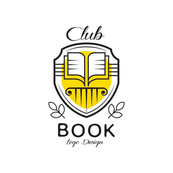Desain logo klub buku, perisai heraldik dengan buku terbuka, lencana untuk toko buku, universitas, perpustakaan, festival buku. Ilustrasi vektor - Stok Vektor