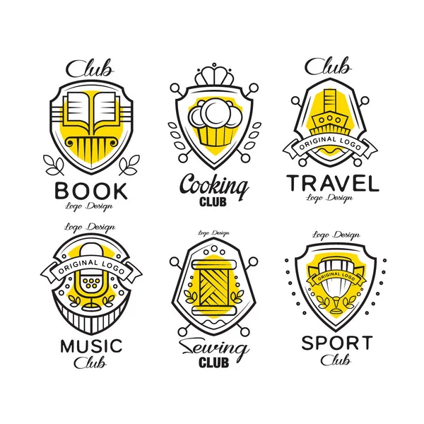 趣味クラブのロゴ デザイン セット、紋章入りの盾、本、料理、旅行、裁縫、音楽が付いているバッジ スポーツ クラブ ベクトル イラスト白背景に — ストックベクタ