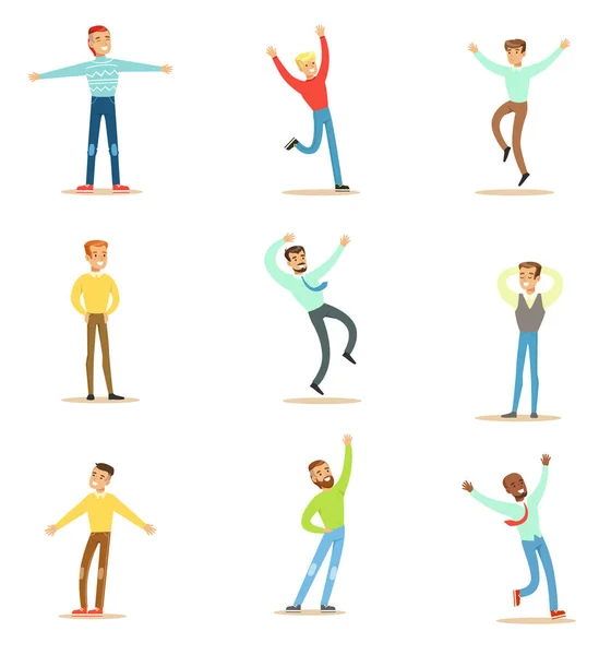 Dancing people set, giovani uomini sorridenti in libera circolazione pose vettore Illustrazioni su sfondo bianco — Vettoriale Stock