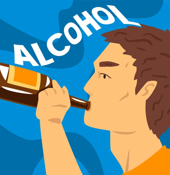 A fiatalember alkoholos ital, alkohol függőség, rossz szokás vektoros illusztráció-függőség — Stock Vector