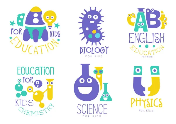 Edukacja dla dzieci logo zestaw, fizyka, język angielski, biologia kolorowy kreatywnych odznaki ilustracje wektorowe na białym tle — Wektor stockowy