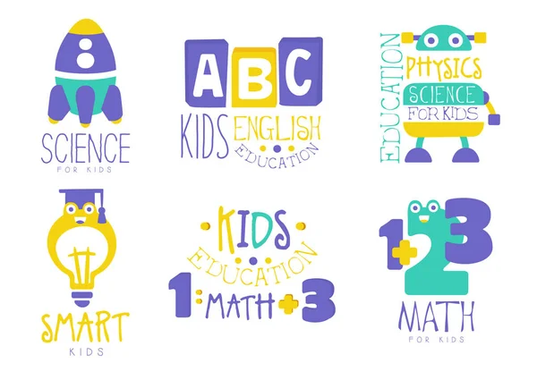 Wetenschap voor kids logo set, Engels, natuurkunde, wiskunde kleurrijke creatieve badges vector illustraties op een witte achtergrond — Stockvector