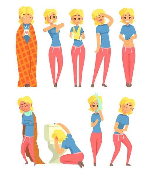 Kranke Mädchenfiguren, Frau mit unterschiedlichen Symptomen Vektor-Illustrationen auf weißem Hintergrund — Stockvektor