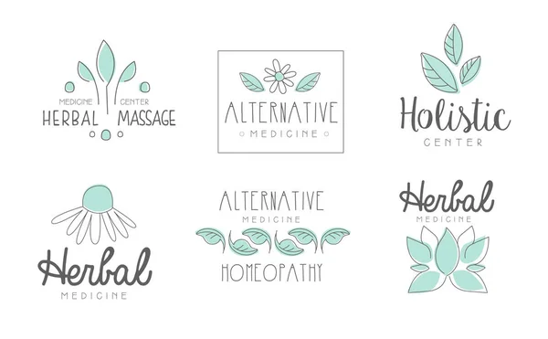 Набор логотипов для альтернативной медицины, травяной массаж, холистический центр, гомеопатия, травяная медицина, нарисованные вручную векторные иллюстрации на белом фоне — стоковый вектор