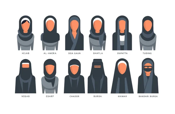 Koleksi model hijab tradisional Muslim, perempuan arab di shayla, dupatta, tuding, esarp, chador, al-amira, burga, khimar, bandari burga vector Illustrations pada latar belakang putih - Stok Vektor