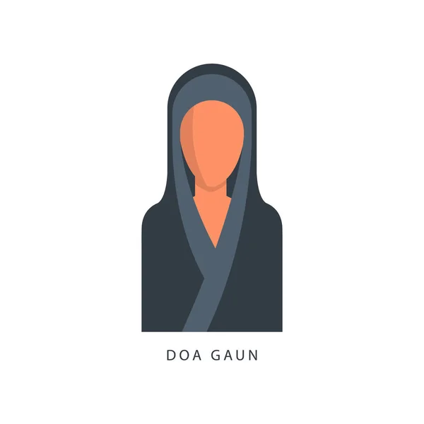 Kvinna i muslimska Doa Gaun huvudbonad, kvinnliga avatar i traditionella islamiska kläder vektor Illustration på vit bakgrund — Stock vektor