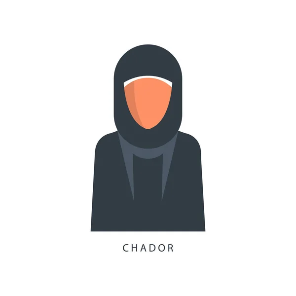 Donna in copricapo Chador musulmano, avatar femminile nel tradizionale vettore di abbigliamento islamico Illustrazione su sfondo bianco — Vettoriale Stock