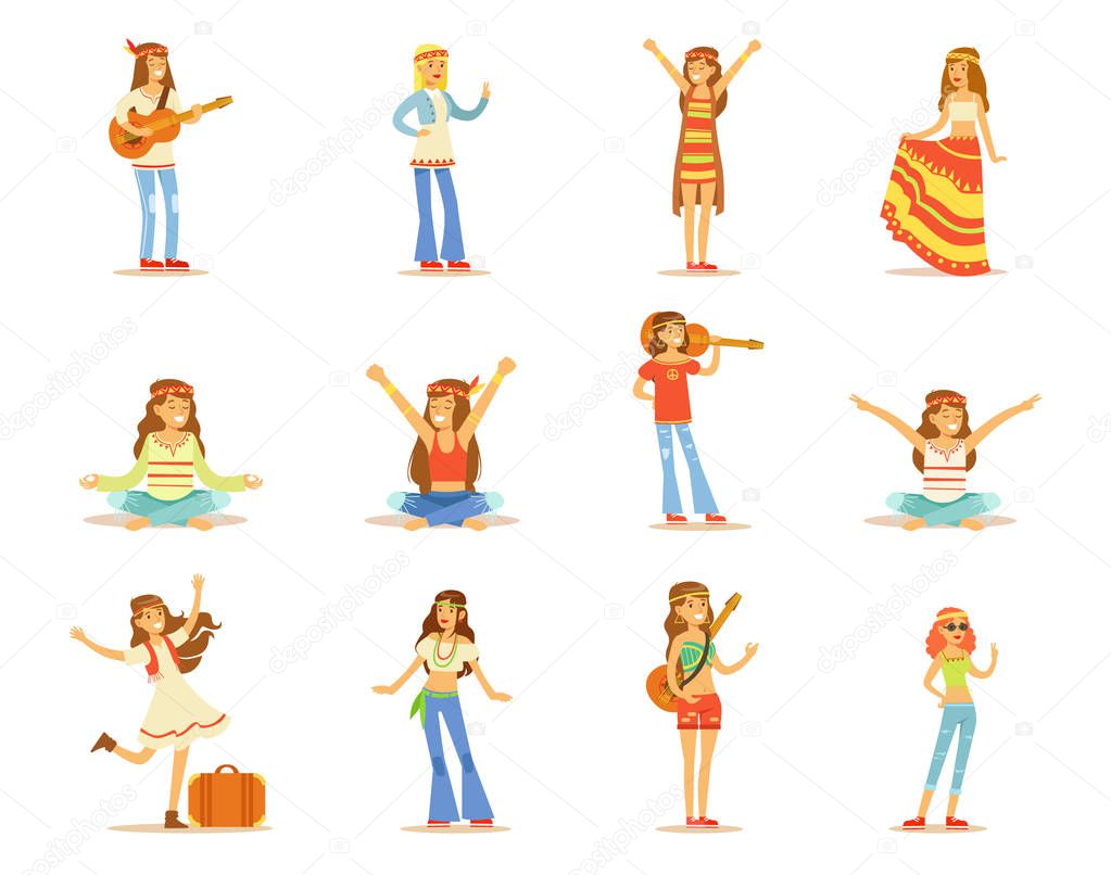 Hippie girls set, young beautiful women with long hair dressed in Hippy subculture clothes vector Illustrations isolated on a white background