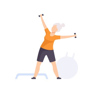 Sportif üst düzey kadın karakter dumbbells, yaşlı insanların beyaz bir arka plan üzerinde bir aktif yaşam tarzı sosyal kavramı vektör çizim lider ile egzersiz