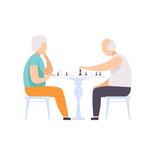 Personajes de pareja mayores jugando ajedrez, personas mayores llevando un estilo de vida activo concepto social vector Ilustración sobre un fondo blanco — Archivo Imágenes Vectoriales
