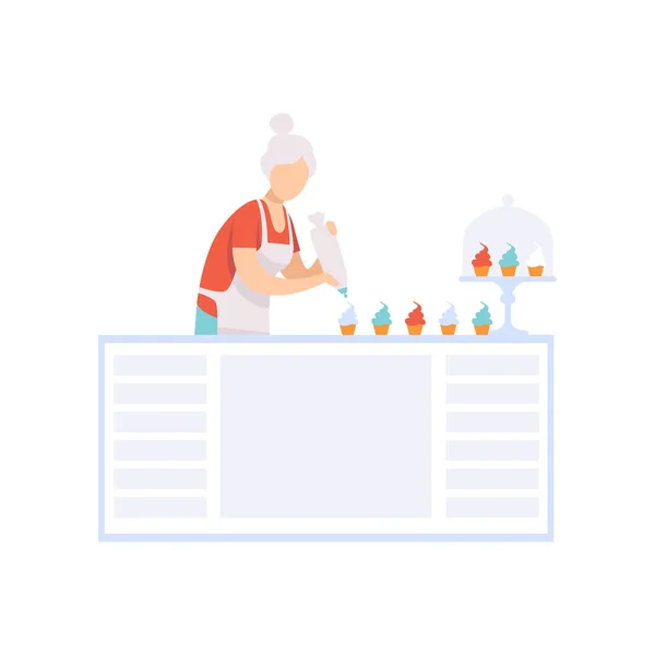 Senior Kvinna karaktär bakning cupcakes i köket, äldre människor leder en aktiv livsstil sociala begreppet vektor Illustration på vit bakgrund — Stock vektor