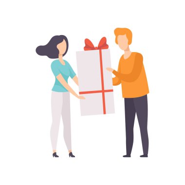 Güzel esmer kız, insanlar kutluyor tatil kavramı, tebrikler beyaz zemin üzerinde bir arkadaş vektör illüstrasyon kırmızı şerit yay ile dekore edilmiş büyük hediye kutusu veren genç adam