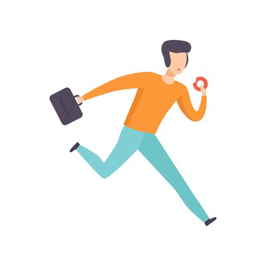 Rahat kıyafetler evrak çantası ve çörek, meşgul ve geç işadamı vektör illüstrasyon izole üzerinde beyaz bir arka plan ile çalışan adam.