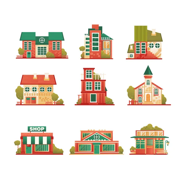 Conjunto de fachadas de edificios urbanos y suburbanos, casas privadas de ladrillo y vectores de edificios públicos municipales Ilustraciones sobre fondo blanco — Archivo Imágenes Vectoriales