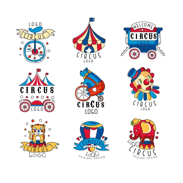 Ensemble de conception de logo de cirque, emblèmes colorés pour parc d'attractions, festival, fête, modèle créatif de flyear, affiches, couverture, bannière, invitation vectoriel dessiné à la main Illustrations sur un fond blanc — Image vectorielle
