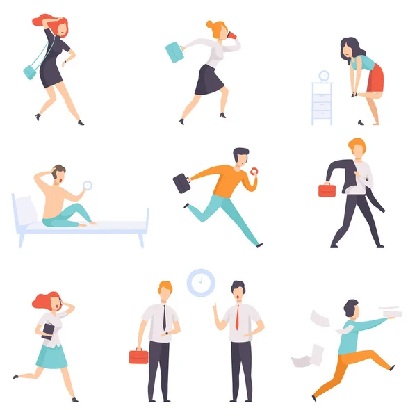 People running to work, businesspeople characters are late for work vector Illustration on a white background — Stock Vector