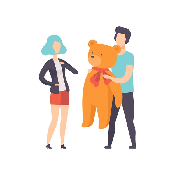 Jeune homme donnant gros ours en peluche à la petite amie, les gens qui célèbrent le concept de vacances, félicitations à un ami vecteur Illustration sur un fond blanc — Image vectorielle