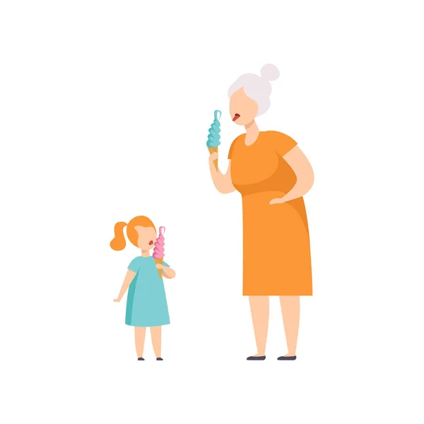 Grandmother and her little granddaughter eating ice cream in wafer cone, people enjoying eating of frozen summer dessert vector Illustration on a white background — Stock Vector