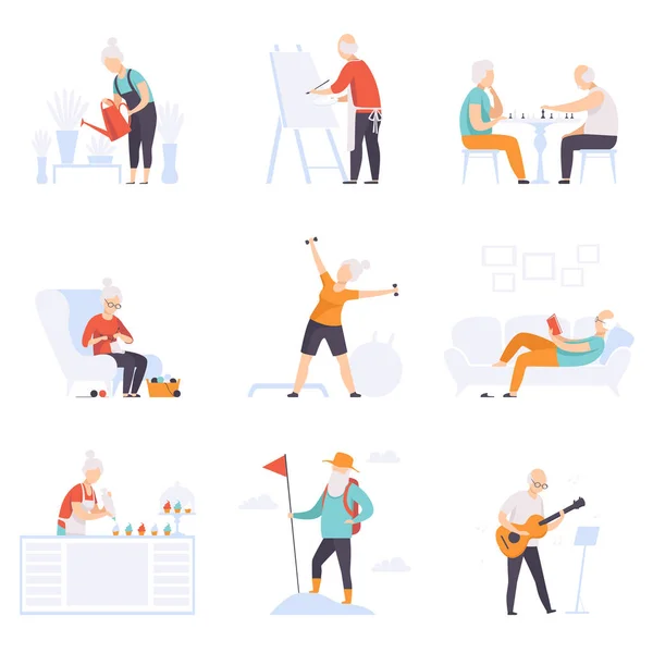 Personas mayores disfrutando de varios pasatiempos, hombres y mujeres mayores que llevan un estilo de vida activo vector concepto social Ilustración sobre un fondo blanco — Vector de stock