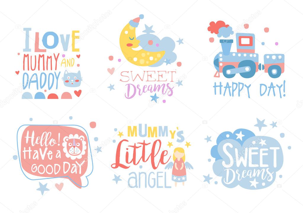 Cute hand drawn decor elements with motivation phrases, card templates for baby shower, kids party, baby products vector Illustrations isolated on a white background.