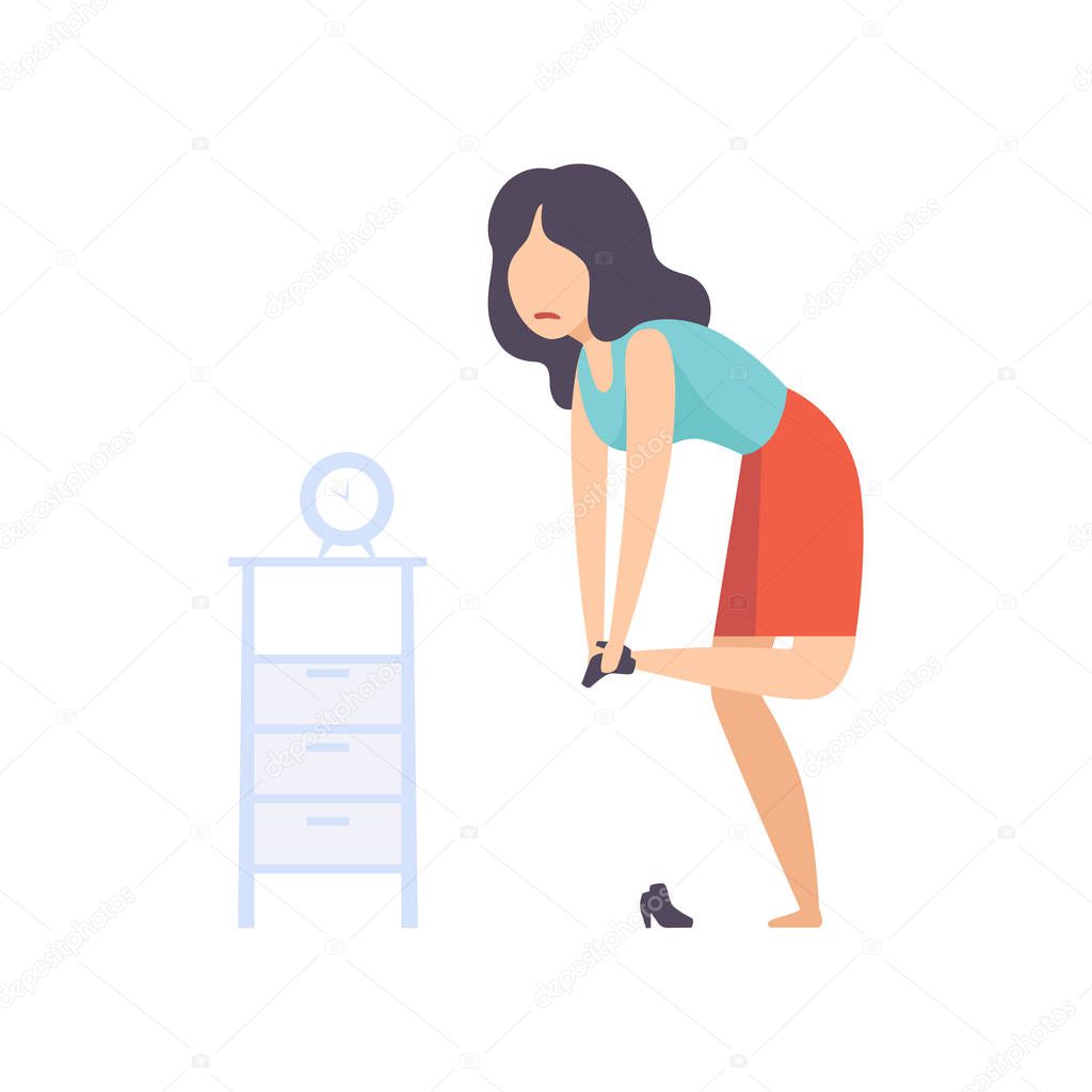 Young woman dressing hurriedly, female character is late for work vector Illustration on a white background