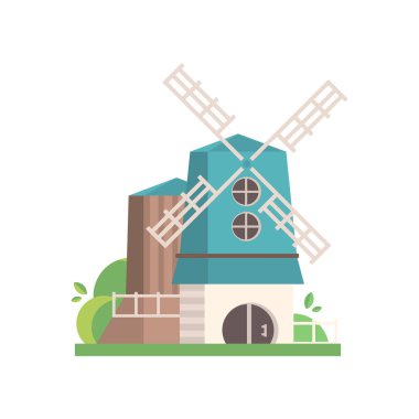 Mavi çatılı, ekolojik tarım üretim vektör çizimler beyaz zemin üzerine bina geleneksel kırsal yel değirmeni