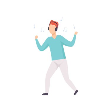 Dans, adam beyaz bir arka planda müzik vektör çizim zevk ve kulaklık ile müzik dinleme genç adam