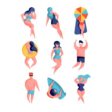 Yalan ve küme güneşlenme insanlar, genç erkekler ve kadınlar plaj rahatlatıcı illüstrasyonlar beyaz bir arka plan üzerinde vektör