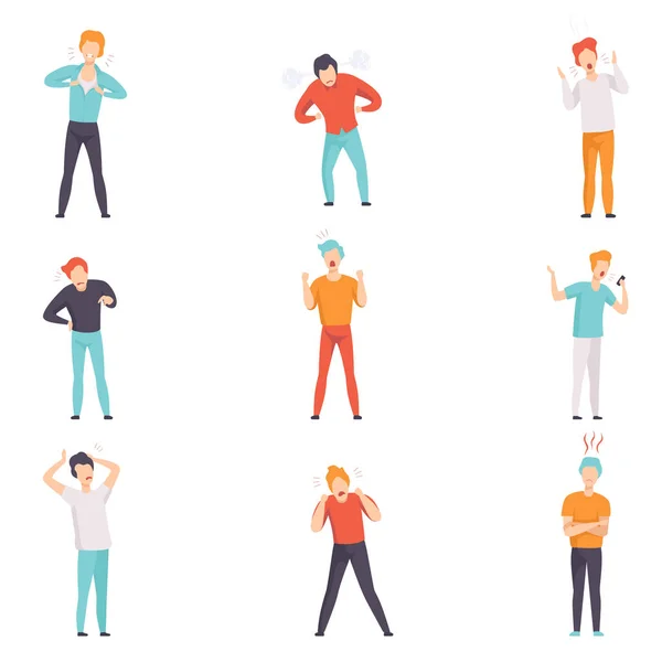 Terloops gekleed woedend jonge mannen ingesteld, emotionele mensen in woede vector illustraties op een witte achtergrond — Stockvector