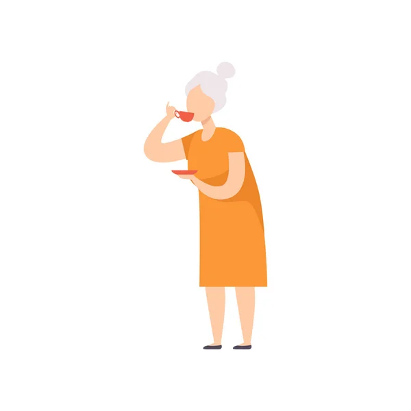 Senior kobiety picie herbaty, Babcia filiżankę herbaty wektor ilustracja na białym tle — Wektor stockowy