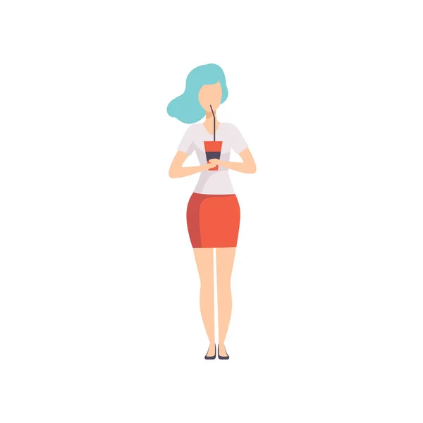 Joven hermosa mujer con el pelo azul bebiendo sofr bebida vector Ilustración sobre un fondo blanco — Vector de stock