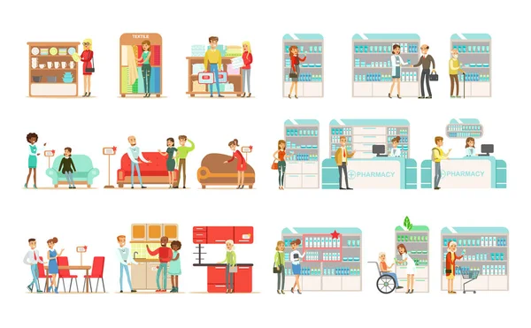 Mensen kiezen en kopen van meubilair in winkel, shoppers kopen van medicijnen, vector vitamines en medicijnen in de apotheek illustraties op een witte achtergrond — Stockvector