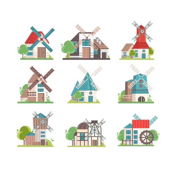 Traditional rural windmill set, ecological agricultural manufacturing vector Illustrations on a white background — Stock Vector