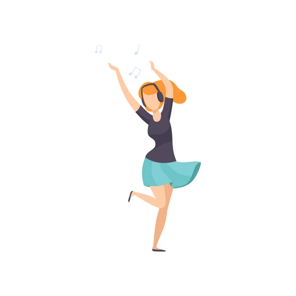 Giovane donna in abiti casual ascoltare musica con le cuffie e ballare, ragazza godendo vettore musicale Illustrazione su uno sfondo bianco — Vettoriale Stock