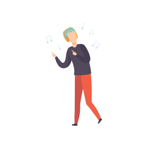 Joven con el pelo azul escuchando música y bailando, chico disfrutando de la música con auriculares vector Ilustración sobre un fondo blanco — Vector de stock