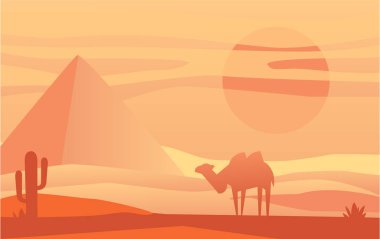 Doğanın güzel sahne, huzurlu çöl yatay, deve, akşam saat, şablon için afiş, poster, dergi, kapak yatay vektör çizim