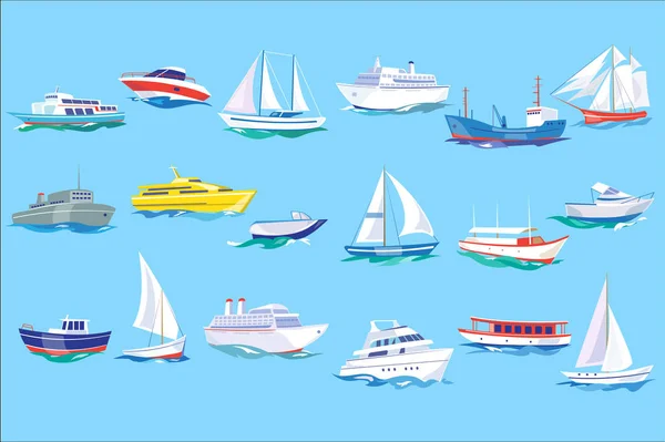 Zee, schip, boot en jacht ingesteld, Oceaan of marine vervoer concept vector illustratie in vlakke stijl, — Stockvector