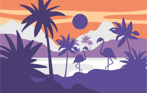 Mooie scène van de natuur, rustige tropische landschap met lake en flamingo's tegelijkertijd avond sjabloon voor spandoek, poster, magazine, betrekking hebben op horizontale vector illustratie — Stockvector