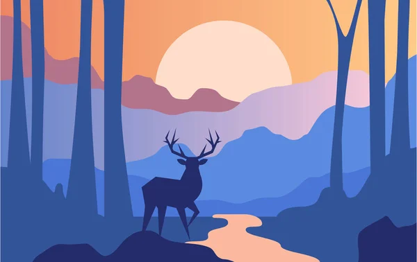 Hermosa escena de la naturaleza, paisaje tranquilo con bosque y ciervos en la hora de la noche, plantilla para pancarta, cartel, revista, cubierta horizontal vector Ilustración — Vector de stock