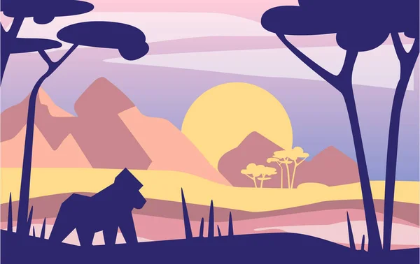 A természet szép jelenet, a békés Afrian-hegyi táj, a gorilla, a sablon banner, plakát, magazin, terjed ki a horizontális vektor illusztráció — Stock Vector