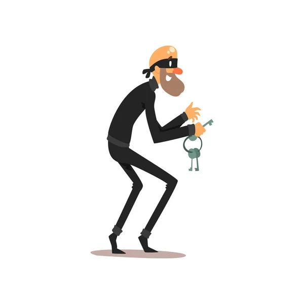 Manliga tjuv i mask med huvudnycklar, rånare seriefiguren begår brott vektor Illustration på vit bakgrund — Stock vektor